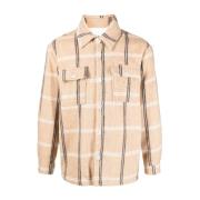 Beige Check-Plaid Jersey-Fleece Skjorte