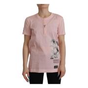 Pink Floral Cotton Henley T-shirt