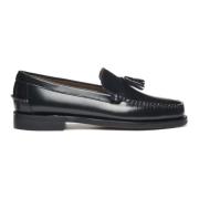 Sorte læder moc toe loafer med tassel