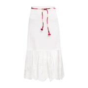 Elegant Hvid A-Line Midi Nederdel med Dekorative Kantebånd