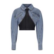 Denim Crop Jakke med Klisk Krave og Knappelukning