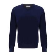 Blå Sweater med V-Hals og Ribkanter
