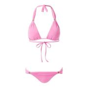 Pink Halterneck Bikini Top med Gyldne Trims