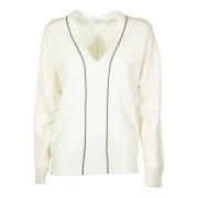 Hvid V-hals Cashmere Sweater med Monili Broderi