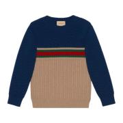 Blå Ribstrikket Sweater med Webdetalje