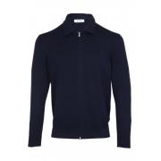 Mørkeblå Strikket Sweater med Lynlås og Ribbede Detaljer