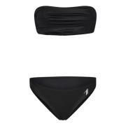 Sort Wet-Effect Lycra Bikini med Draperet Bandeau Top