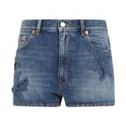 Blå Denim Broderede Shorts