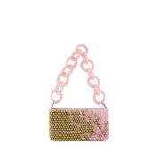 Multifarvet perle taske med pink håndtag