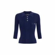 Navy Polo Shirt 3/4 Ærme Metal Knapper