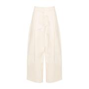 Beige Twill Weave Wide Leg Trousers