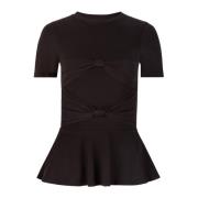 Sort Peplum T-shirt med Bue Detalje