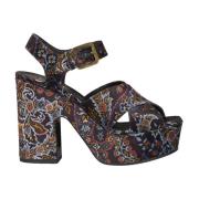 Sort Velvet Platform Sandaler med Blomsterprint