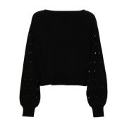 Sort Rhinestone Sweater Med Cut-Out Crew Neck