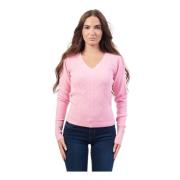 Rosa V-hals sweater med broderede detaljer