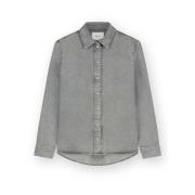 Grå Denim Bluse med Perlemor Knapper