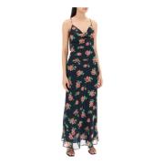 Navy Blue Chiffon Slip Kjole med Rose Motif