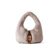 Beige Hobo Taske med Pels-Effekt Stof