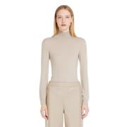 Beige Jersey Høj Hals Ribstrikket Sweater