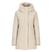 Beige Parka med syntetisk pels hætte