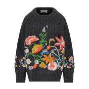 Mørkegrå Blomstret Crewneck Jumper