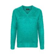 Smaragdgrøn Silkestrikket V-hals Sweater