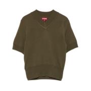 Khaki Merino Uld Strik V-Hals Sweater