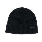 Navy Blue Cashmere Beanie Hat Logo Patch