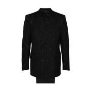 Sort Pinstripe Blazer og Bukser Sæt