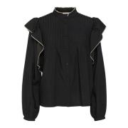 Pitch Black Feminin Skjorte med Ruffles