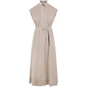 Beige Linned Maxi Kjole med Monile Broderi