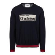 Blå crewneck bomuldssweater med jacquardgrafik