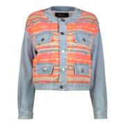 Mandarin Krave Denim Jakke Tweed Indsæt