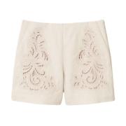 Broderet Linned Beige Shorts