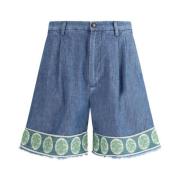 Broderede Denim Shorts med Frynset Hemline