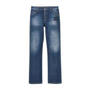 Indigo Denim Straight-Fit Jeans med Broderi