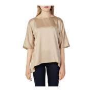 Beige Mønstret Bluse med 3/4 Ærmer