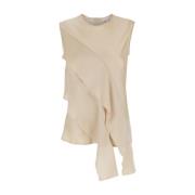 Beige Crewneck Top med Asymmetrisk Ruffle