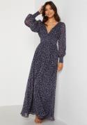 Goddiva Ditsy Long Sleeve Shirred Maxi Dress Navy XS (UK8)