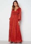 Goddiva Ditsy Long Sleeve Shirred Maxi Dress Red S (UK10)