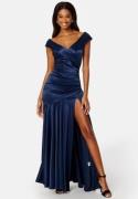 Goddiva Satin Bardot Pleat Maxi With Split Navy S (UK10)