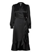 Objsateen Wrap Dress A Fair Knælang Kjole Black Object