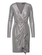 Metallic Knit Surplice Cocktail Dress Knælang Kjole Silver Lauren Ralp...