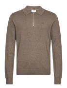 Ecovero L/S Zip Polo Tops Knitwear Long Sleeve Knitted Polos Brown Lin...