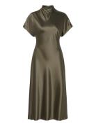 Alivia Short Sleeve Satin Midi Dress Knælang Kjole Khaki Green Malina