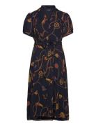 Print Belted Georgette Puff-Sleeve Dress Knælang Kjole Navy Lauren Wom...