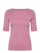 Stretch Cotton Boatneck Tee Tops T-shirts & Tops Short-sleeved Pink La...