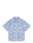 Palm Print Cotton Shirt Tops Shirts Short-sleeved Shirts Blue Mango