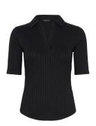 Rib-Knit Elbow-Sleeve Polo Tee Tops T-shirts & Tops Polos Black Lauren...