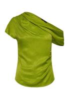 Satin Blouse With Asymmetrical Neck Tops Blouses Short-sleeved Green M...